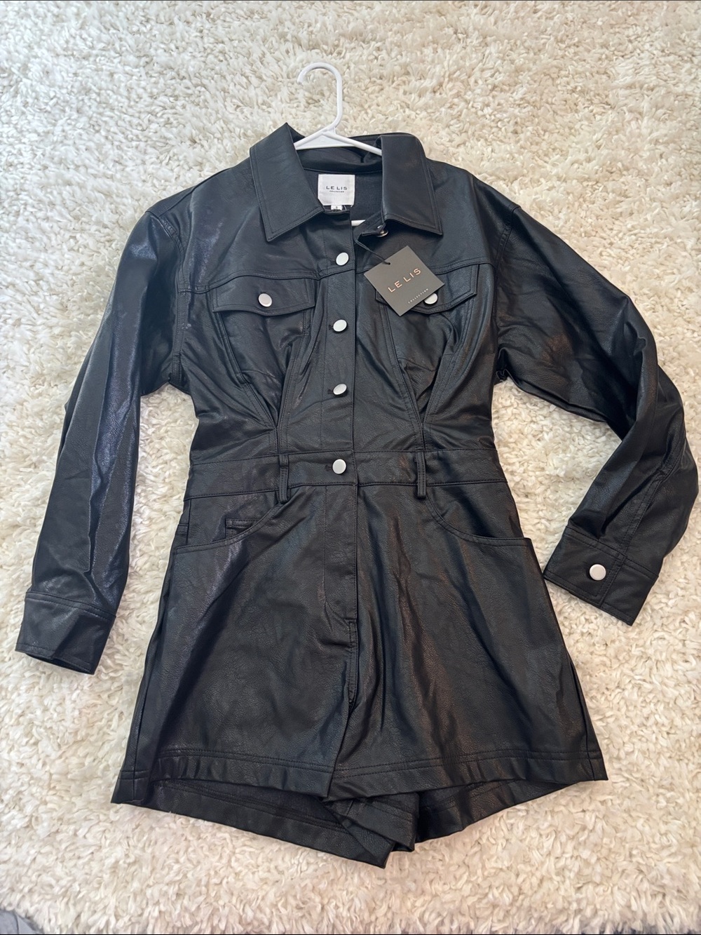 Le Lis Black Faux Leather Button-Front Romper